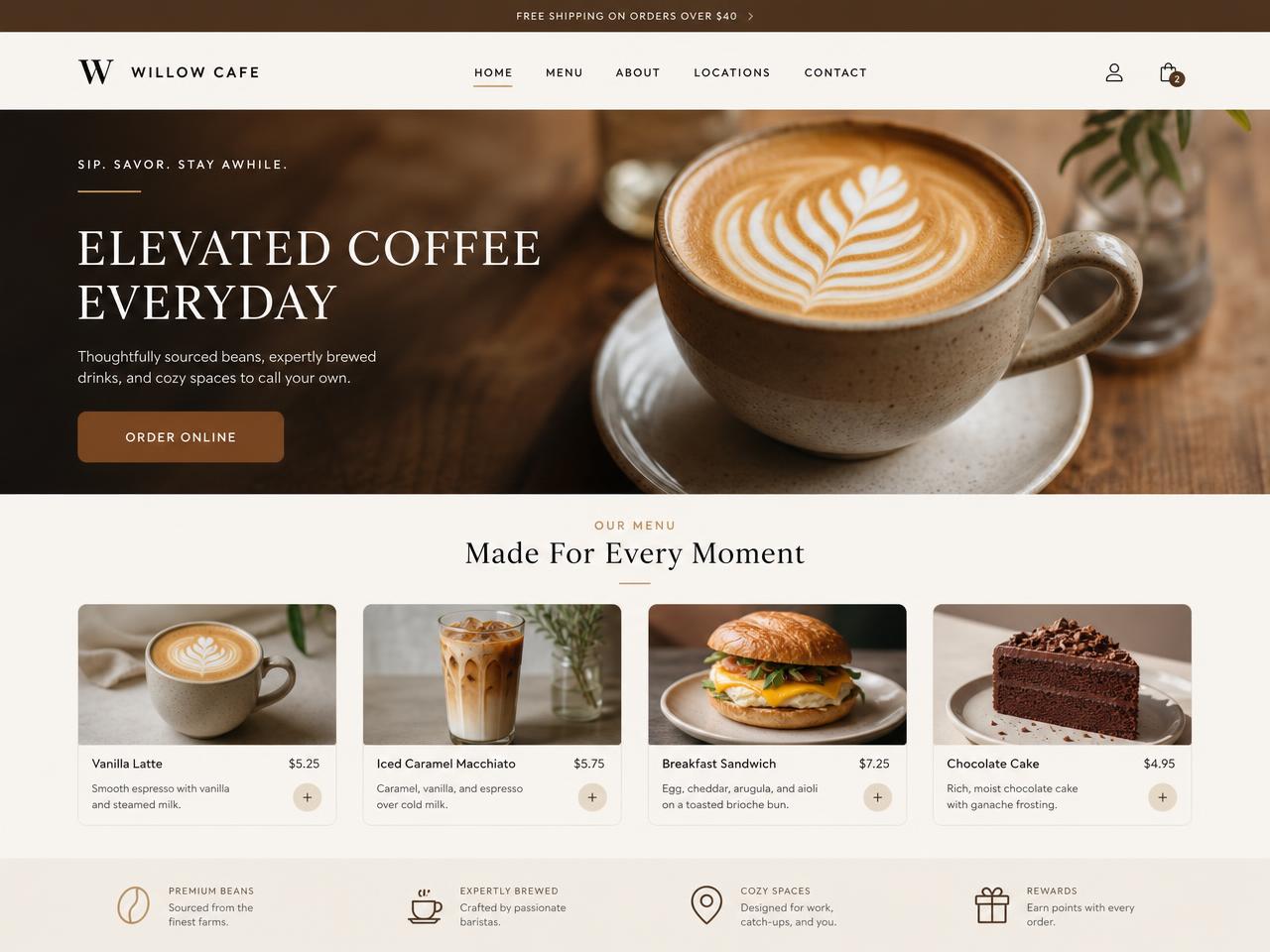 Homepage of the Brew & Bean café website concept