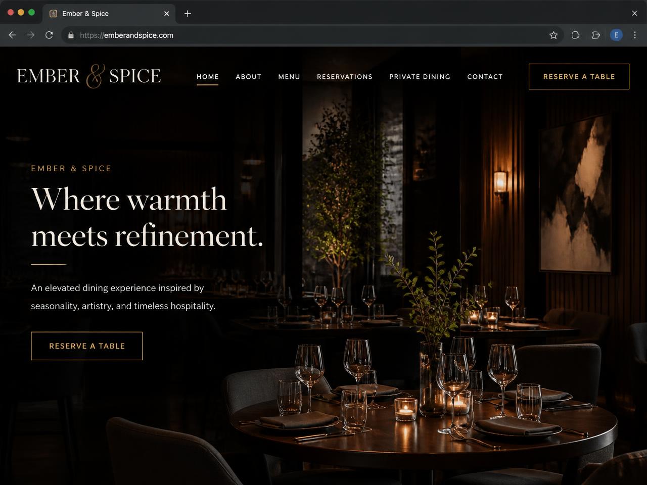 Homepage of the Ember & Spice restaurant website concept