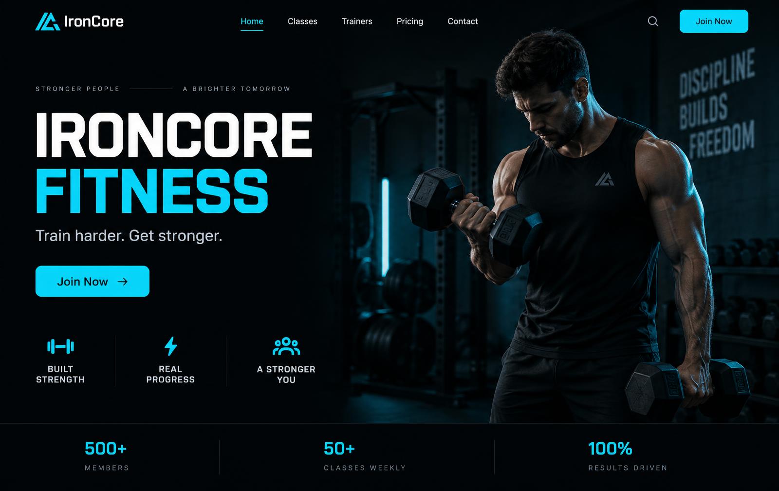 Homepage of the IronCore Fitness gym website concept