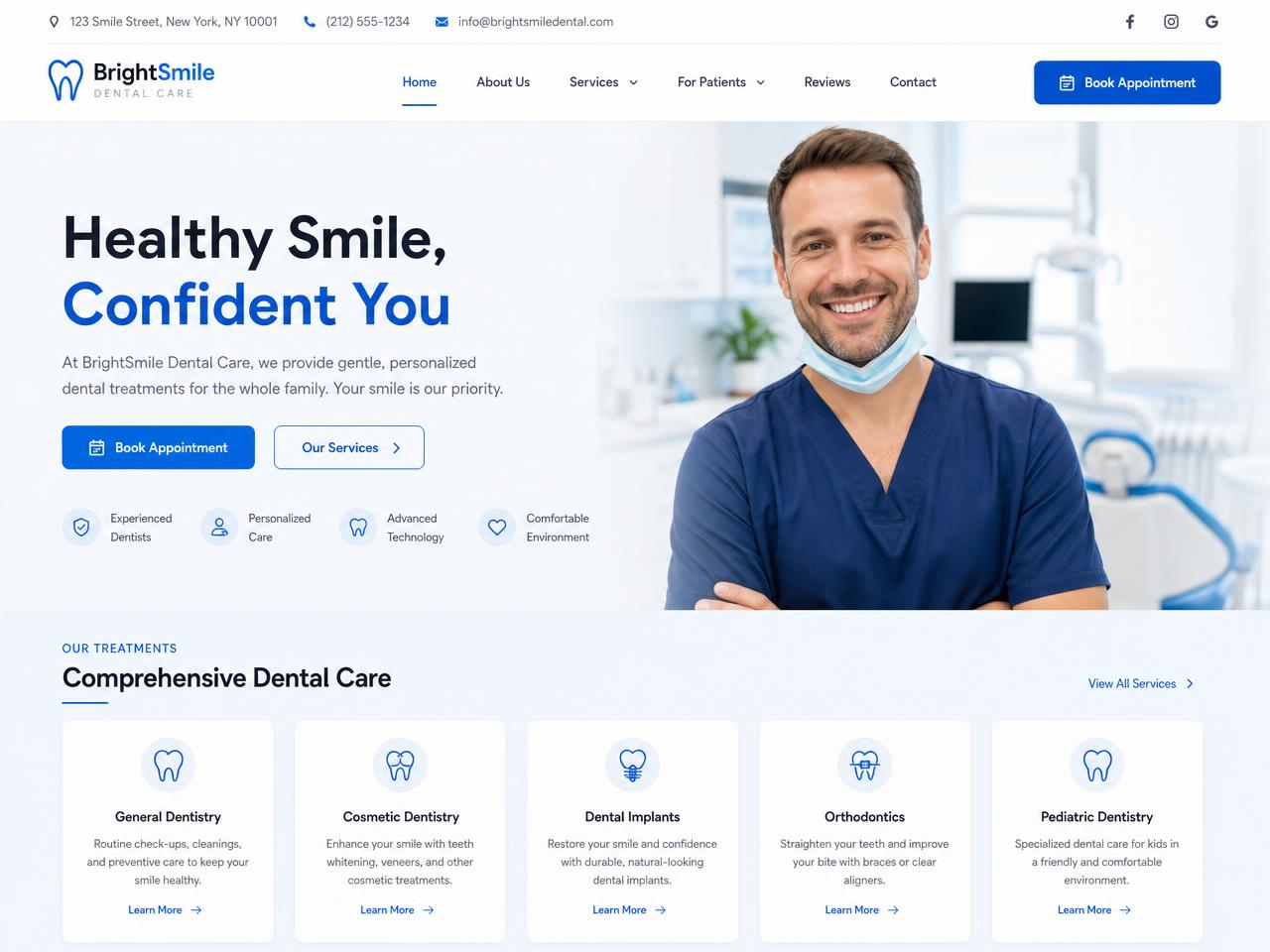 Homepage of the SmileCare dental clinic website concept